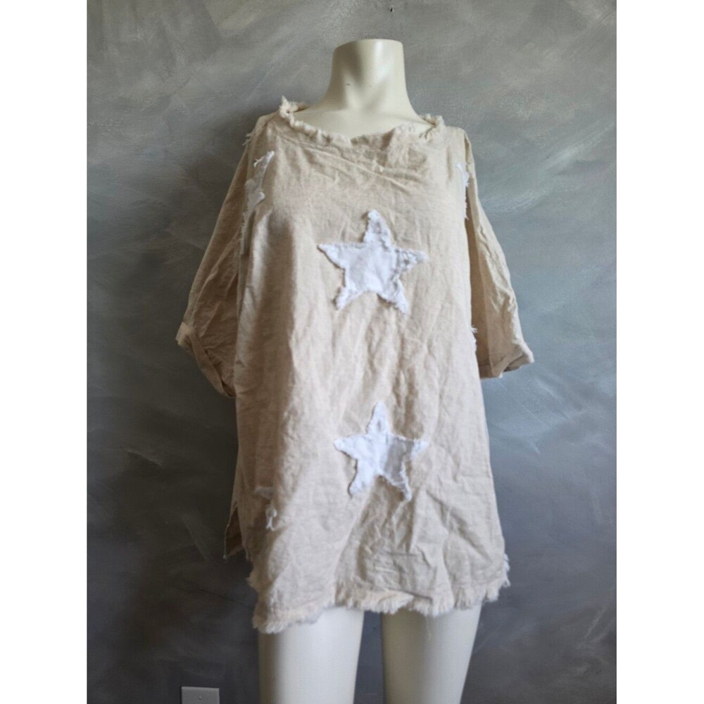 Natural White Star Patch Cotton Linen Blend Tunic Top Sz S Blue Velvet Oversized